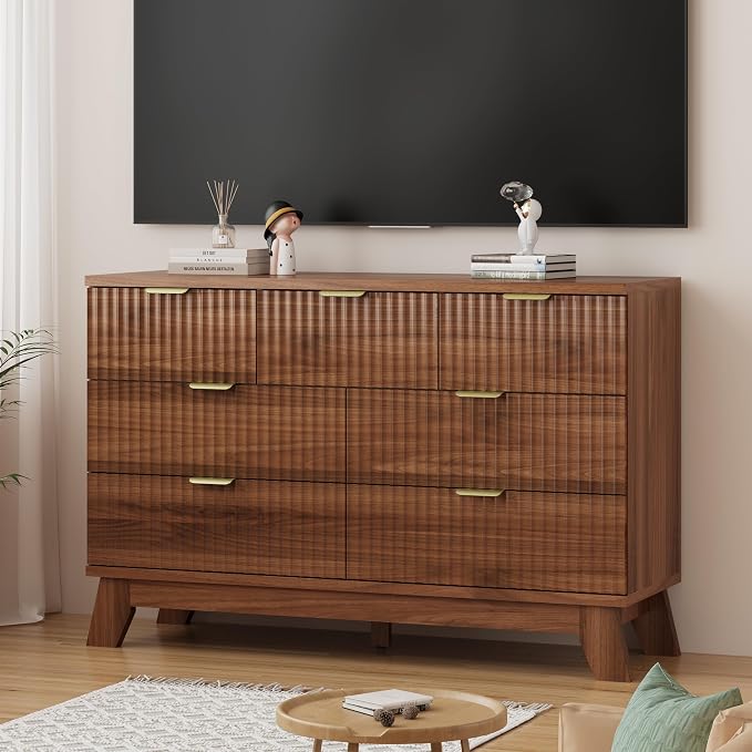 Xixini Fluted Dresser for Bedroom with 7 Drawers, 48" Wide Modern Chest of Drawers with Metal Handle, Wood Dresser TV Stand, Wooden Closet Clothes Storage Organizer for Living Room, Hallway, Walnut