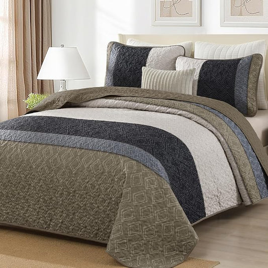 Cottolester Boho Quilt Set King,Black Taupe Striped Plaid Coverlet Set | Lightweight Bedspreads with 2 Pillow Shams,Soft Microfiber,All Season Bed Coverlets for Bedroom Guest Room 110"x90"