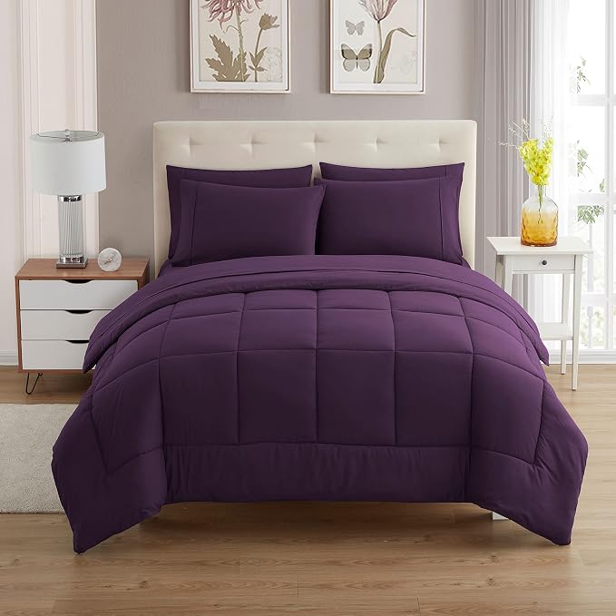 Sweet Home Collection 7 Piece Comforter Set Bag Solid Color All Season Soft Down Alternative Blanket & Luxurious Microfiber Bed Sheets, Purple, Full