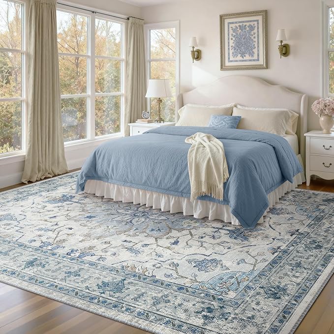 RELEANY Washable Area Rug, 7'x10', Blue/White/Gray | Non-Slip, Water Repellent, Pet Friendly, Easy to Clean, Vintage Floral Boho Decor for Living Room Bedroom Dining Room Office