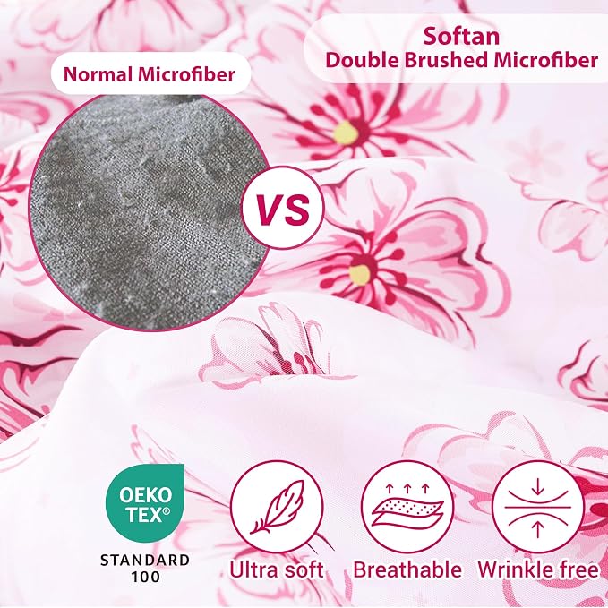 Softan Pink Floral Full Sheet Set, Cozy Printed Microfiber Bed Fitted Sheets with 15" Deep Pocket & Non-Slip Corner Straps, Girls Cherry Blossom Flower Patterned Double Sheets & Pillowcase Set