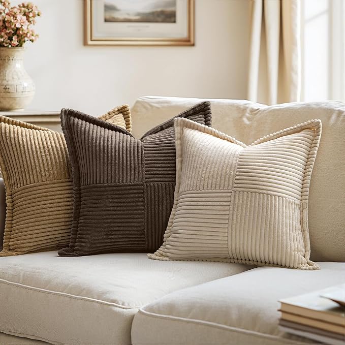 MIULEE Decorative Throw Pillow Covers for Couch 18x18 Inch Dark Brown | 2 Pack, Boho Broadside Striped Patchwork Pillow Covers, Soft Corduroy Cushion Cases, For Sofa Bed Livingroom Home Decor