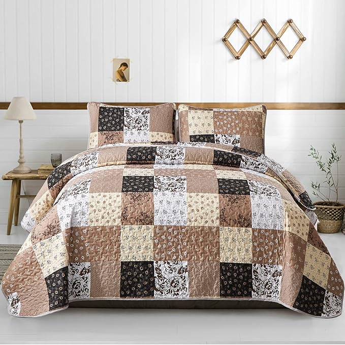 Mybedsoul Brown Quilt California King, Patchwork Floral Bedding Set | Soft Lightweight Microfiber Coverlet Set,3 Pieces Plaid Reversible Bedspread, Bed Sets for All Seasons 110"x96"