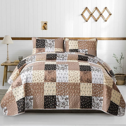 Mybedsoul Brown Quilt California King, Patchwork Floral Bedding Set | Soft Lightweight Microfiber Coverlet Set,3 Pieces Plaid Reversible Bedspread, Bed Sets for All Seasons 110"x96"