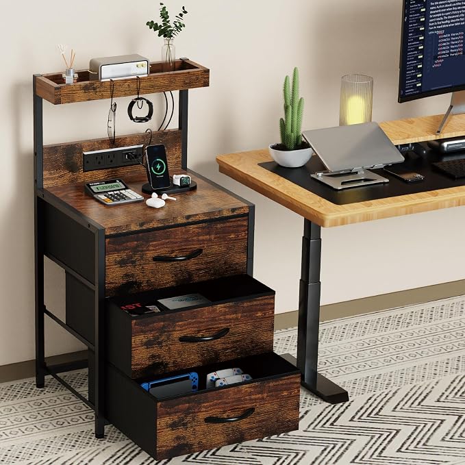 SZLHANJZ Nightstands Set of 2, LED Light and Charging Station, 3 Drawers | Spacious Fabric Drawers End Table, Storage Night Stand with Hooks, Tall Bed Side Table for Bedroom Dorm, Rustic Brown