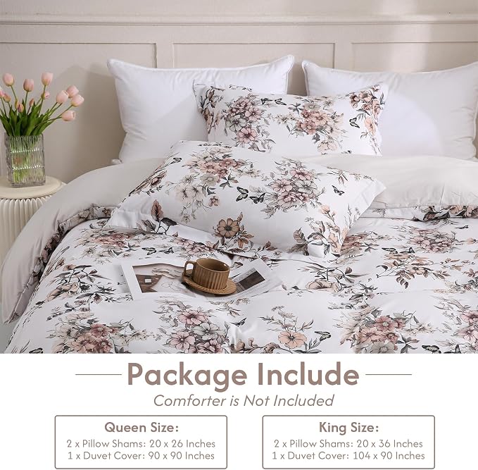 LONAVA King Floral 3 Pcs Duvet Cover Set, Breathable Soft Microfiber Light Grey Lining Comforter Cover with Zipper Closure, and 2 Anti-Pilling, Fade Resistant Pillowcases, Withered Flowers