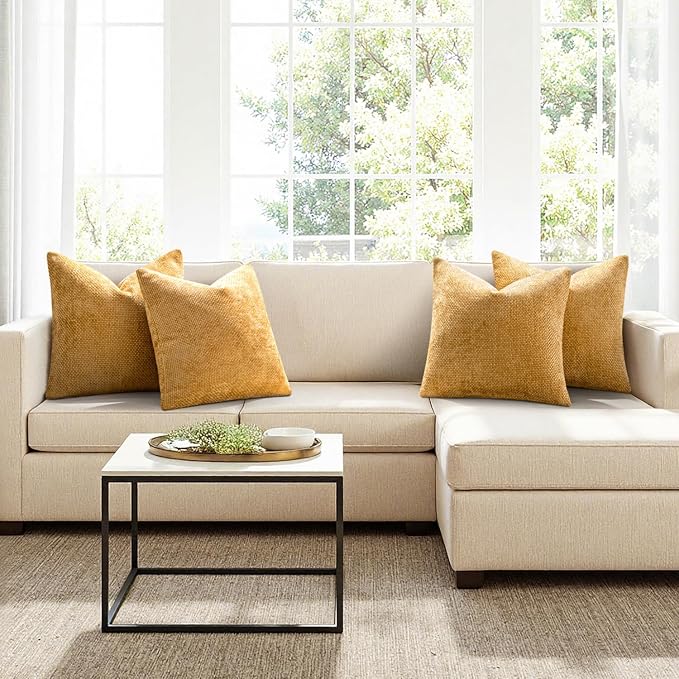 MIULEE Soft Decorative Chenille Pillow Covers Gold 20x20 Pack of 4 | Modern Home Decor, All Same Gold Color Set, Couch Throw Pillows, Farmhouse Boho Cushion Covers for Sofa Bed Living Room