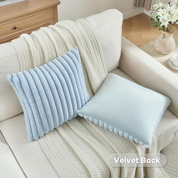 FUTEI Pack of 2 Faux Fur Throw Pillow Covers 18x18 Inch, Light Blue | Fluffy Faux Rabbit Fur Front/Premium Velvet Back,Hidden Zipper,Machine Washable,Non-Shedding,Colorfast,Insert Not Included.