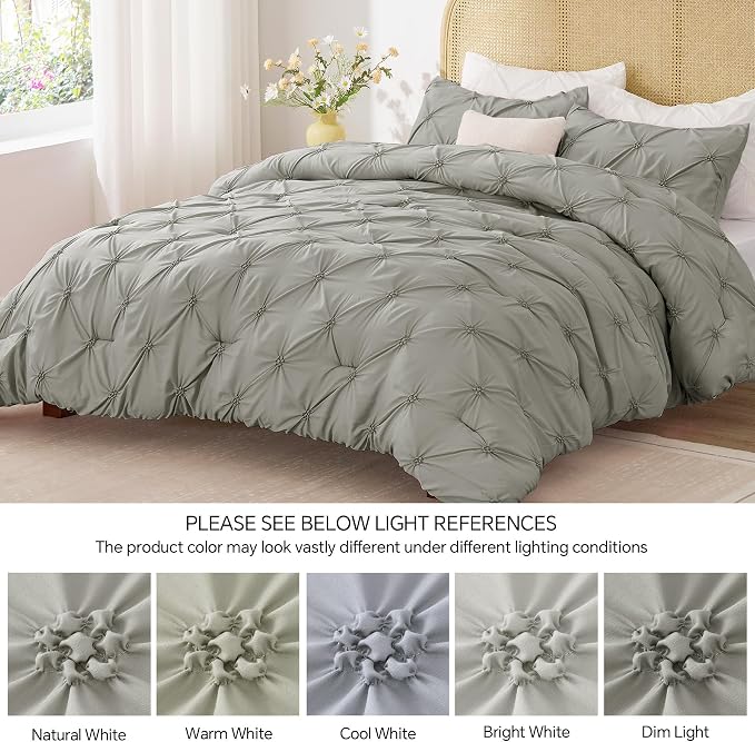 BEDELITE Queen Comforter Set Grey,Lightweight & Soft Comforter | Pintuck Boho Bedding, Warm & Cute Bed Set for All Season,With 2 Pillowcases