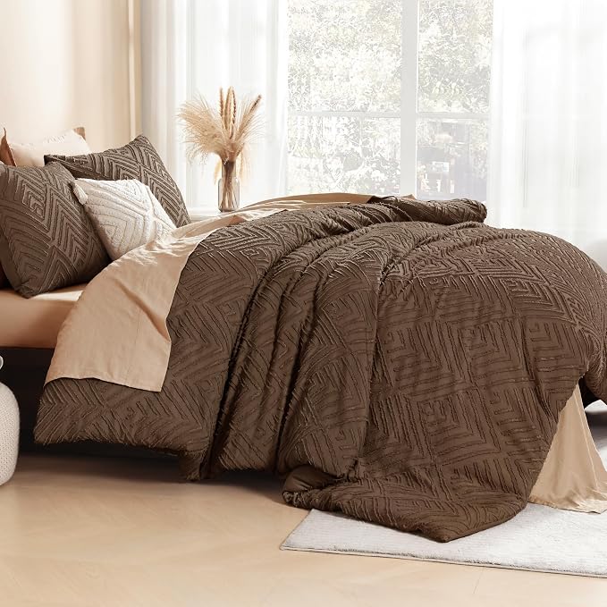 Litanika King Size Comforter Set, 3 Pieces Brown Tufted Boho Bedding Set | Farmhouse Shabby Chic Vintage Bohemian Textured Aesthetic Soft Fluffy Lightweight Breathable All Season Bed Set for King Bed