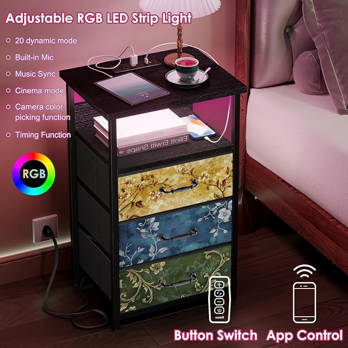 Fixwal Night Stand with 3 Fabric Drawers, Nightstand with Charging Station | vintage flower, led lights, built-in bedside charger, 2 AC outlets & 2 usb ports, 2 wooden shelves, bedroom furniture