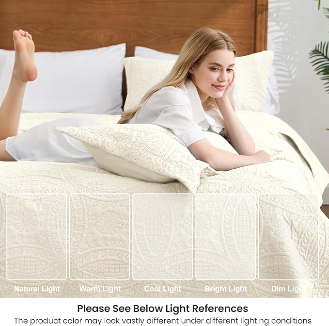 Love's cabin Quilts for Full Bed Beige Bedspread Comforters Bedding Set - Summer Lightweight Bedspread Comforter - Coin Pattern Bedding Coverlet for All Season - 3 Pieces (1 Quilt, 2 Pillow Shams)