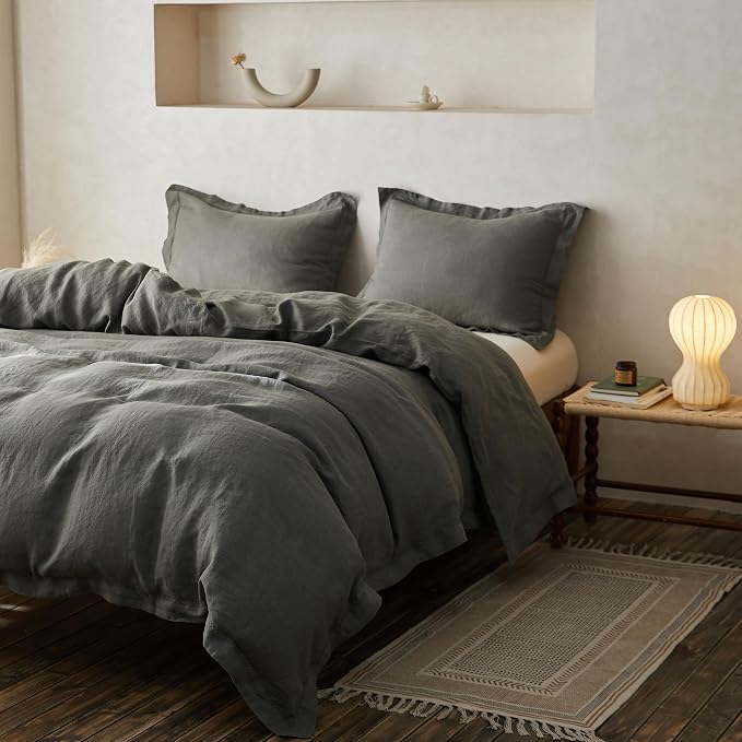 Simple&Opulence 100% Linen Duvet Cover Set with Crossed Embroidery Washed - 3 Pieces (1 Duvet Cover with 2 Pillow Shams) Soft Breathable Farmhouse -Cushing Green, King Size