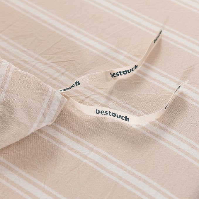 BESTOUCH Striped Cotton Duvet Cover Set Linen Feel California King | 100% Washed Cotton, Soft Wrinkle Texture, Hidden Zipper, 8 Ties, Breathable Lightweight Durable Comfy, 3 Pcs No Insert