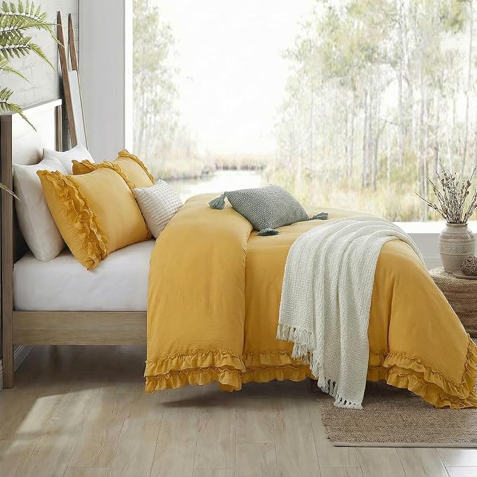 Bedorm Ginger Yellow Bedding Set Queen Ruffle Duvet Cover Super Soft Cozy Washed Microfiber Bedding Shabby Chic Coquette Decor Farmhouse Boho Duvet Cover Set