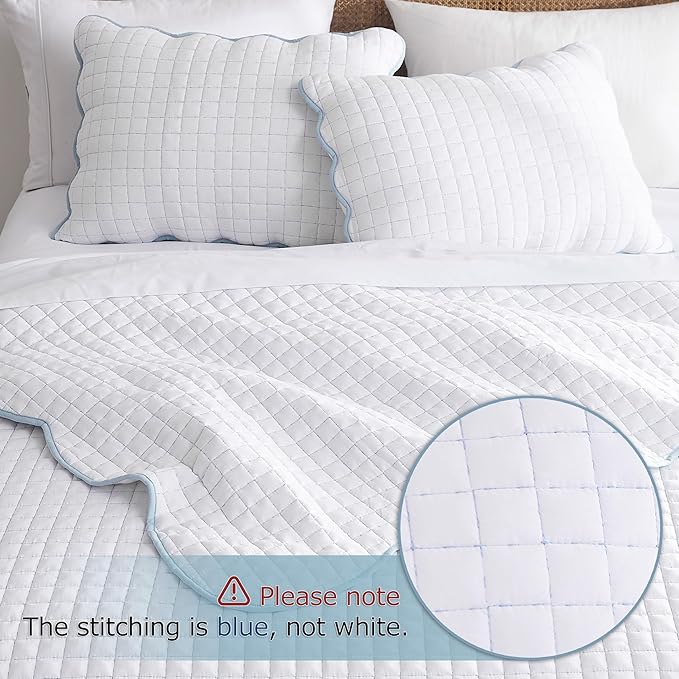 WDCOZY White Oversized California King Size Quilt Bedding Set, Cal King Scalloped Farmhouse Country Rustic Lightweight Soft Coverlet for All Season, Cute Cozy Kantha Pick Stitch Bedspread