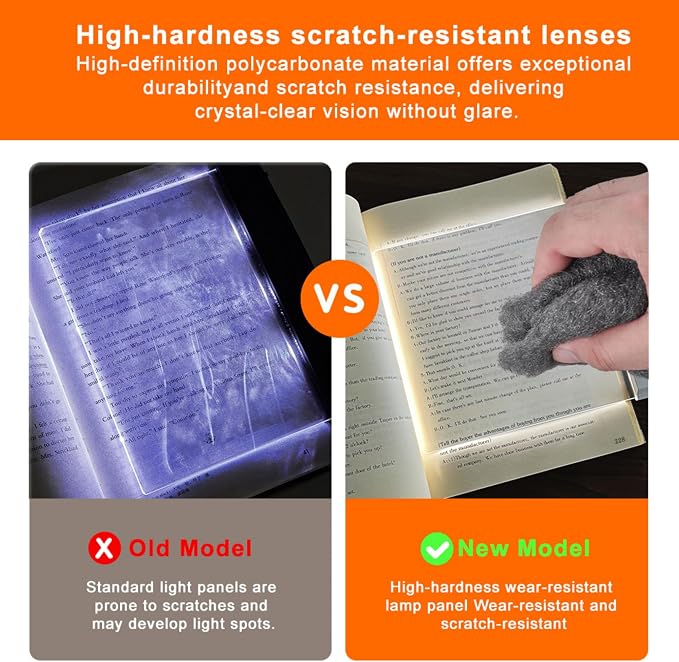 LED Flat Book Light for Reading at Night in Bed, White | Eye-Caring Page Illuminator, 3 Color Temperatures Stepless Dimmable Usb Rechargeable, Portable Flat Panel Lamp with Soft