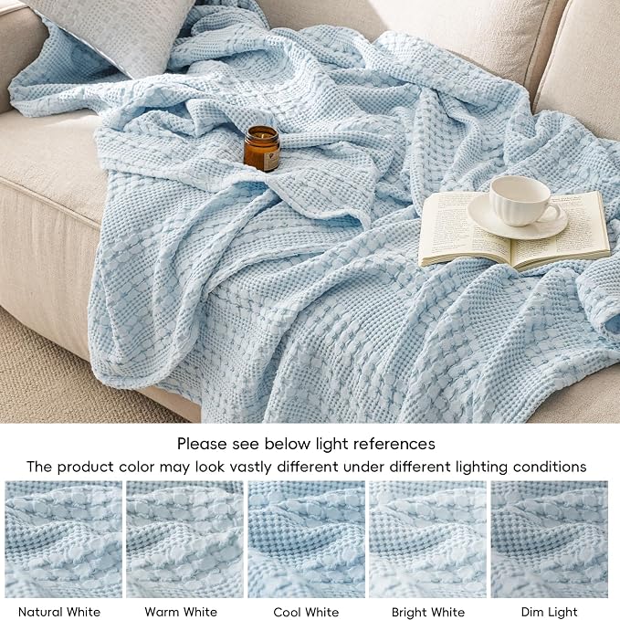 PHF Lightweight 100% Cotton Waffle Blanket for Bed, Queen, Sky Blue | Pre-Washed Soft Cotton Comfort, Breathable Layering Warmth for Fall & Winter, Bed, Sofa, Couch, Home Decor & Gifts