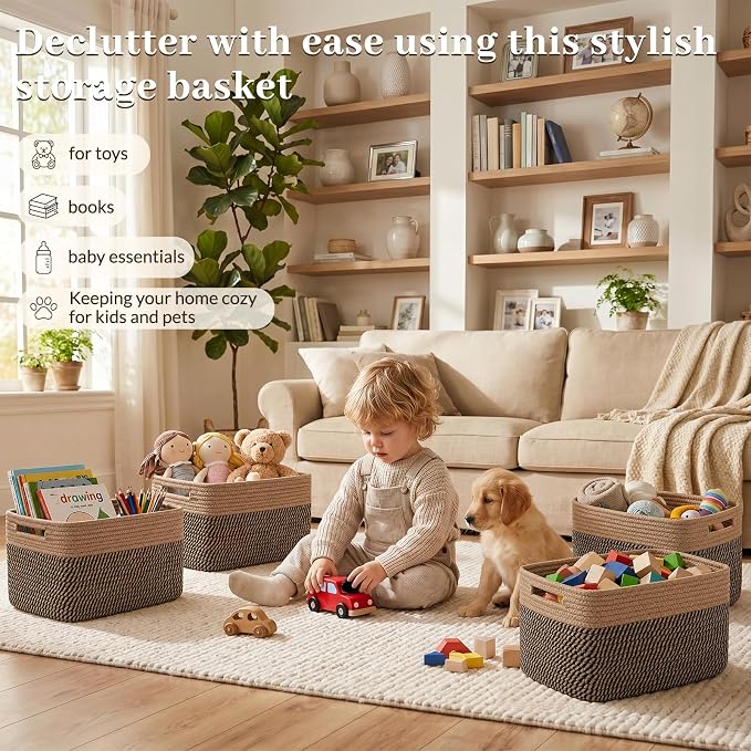 OIAHOMY 4 Pack Storage Basket, 13"x9"x7.8" Cotton Rope Baskets for Shelves, Closet Organizer for Bedroom & Living Room, Soft Decorative Bins for Organizing Towels, Books & Toys, Brown & Black