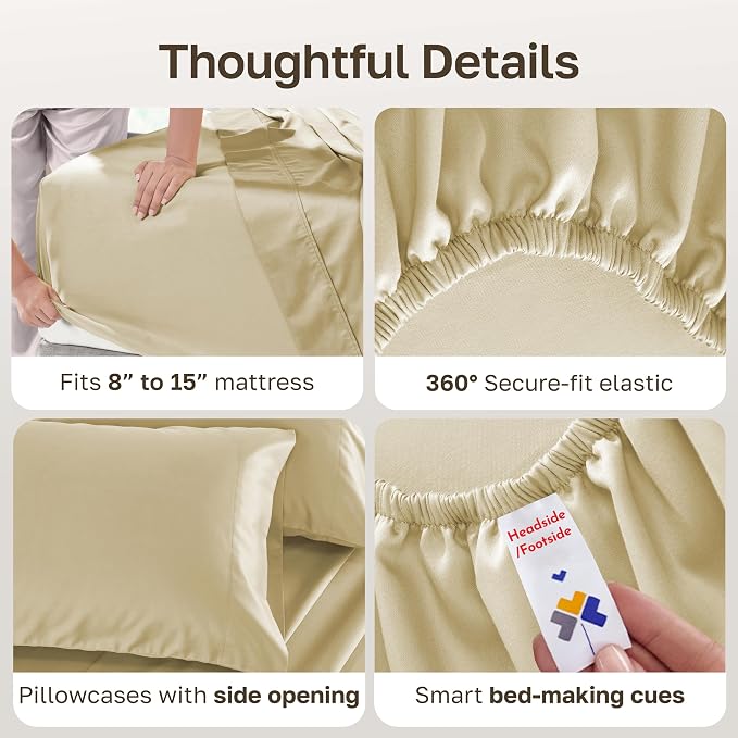 California Design Den 100% Cotton Sateen Split King Bed Sheet Set, 5 Pcs | 500 Thread Count with GH Seal, Split King Sheets Sets for Adjustable Bed with 2 Separate Twin-XL Mattresses, Butter Almond