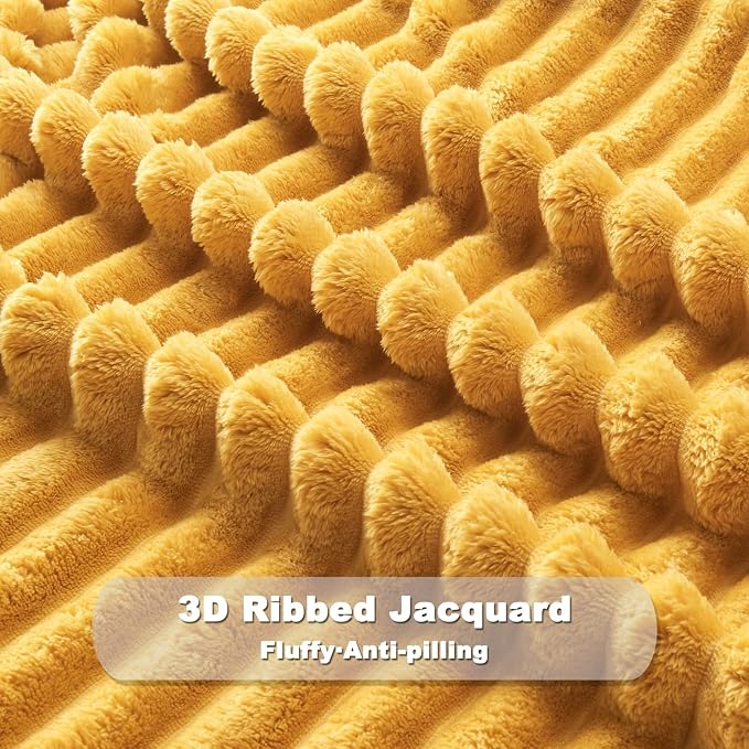 NEWCOSPLAY Fleece Ribbed Cozy Queen Blanket for Couch, Yellow, 90"x90" | Premium Silky Flannel Blanket, Soft Lightweight Fluffy Throw Blanket for Bed Sofa Decor, Gift for All Season Use