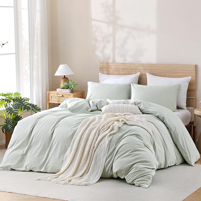TOCOMOA Sage Green Striped Duvet Cover Set Washed Cotton Like Linen, King | 100% Washed Cotton Linen-Like Feel Soft, Breathable & Comfy. Pinstriped Bedding Set with Zipper & 8 Ties. 3 Pcs, No Insert