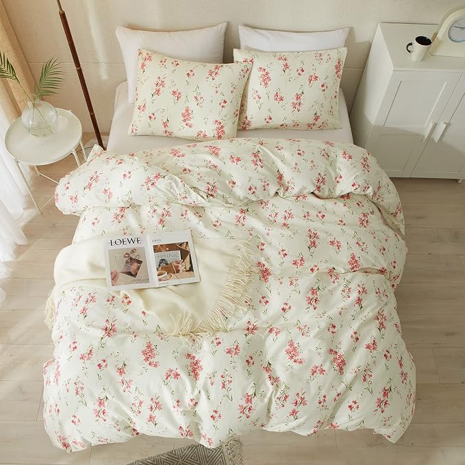 mixinni Boho Red Floral Girl Duvet Cover Set, Soft Cotton King Size 3-Piece Aesthetic Floral Bedding Set, 1 Chic Flower Leaf Pattern Duvet Cover and 2 Pillowcases for All Seasons-King Size