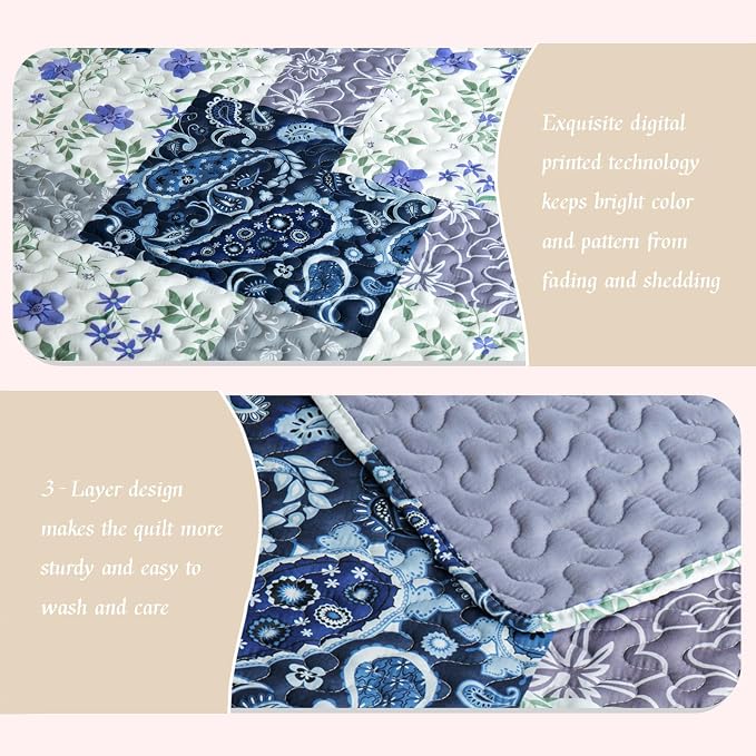 Whale Flotilla California King Size Quilt Set, Extra Soft Floral Bedspreads | Paisley Flowers Reversible Lightweight Oversized King Quilt Bedding Set, Printed Coverlet with 2 Pillow Shams for All Seasons