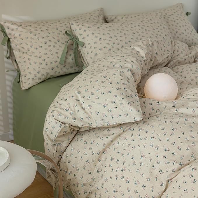 mixinni Country Style Duvet Cover Full Size - Cottagecore Green Floral Vintage Bedding 3PC with Bow Ties Pillowcases, 100% Cotton Soft Aesthetic Boho Comforter Cover for Girls-Full Size