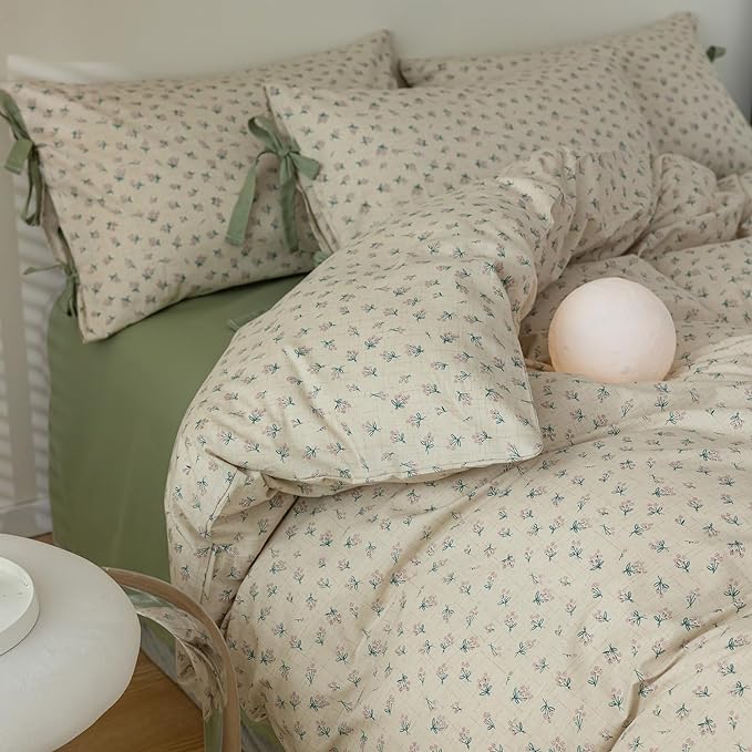 mixinni Country Style Duvet Cover Queen Size - Cottagecore Green Floral Vintage Bedding 3PC with Bow Ties Pillowcases, 100% Cotton Soft Aesthetic Boho Comforter Cover for Girls-Queen Size