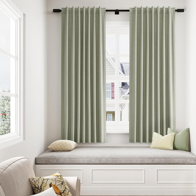 Sage Green 100% Blackout Curtains 54 Inch Length 2 Panels Set for Living Room Bedroom Back Tab Thermal Insulated Black Out Linen Drapes Room Darkening Window Curtains