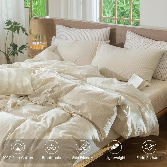 MooMee Striped Duvet Cover Set 100% Washed Cotton Linen Like King | Relaxed Linen-like Texture. Soft, Breathable & Long-lasting Comfort. Lightweight. Hidden Zipper with 8 Interior Corner Ties