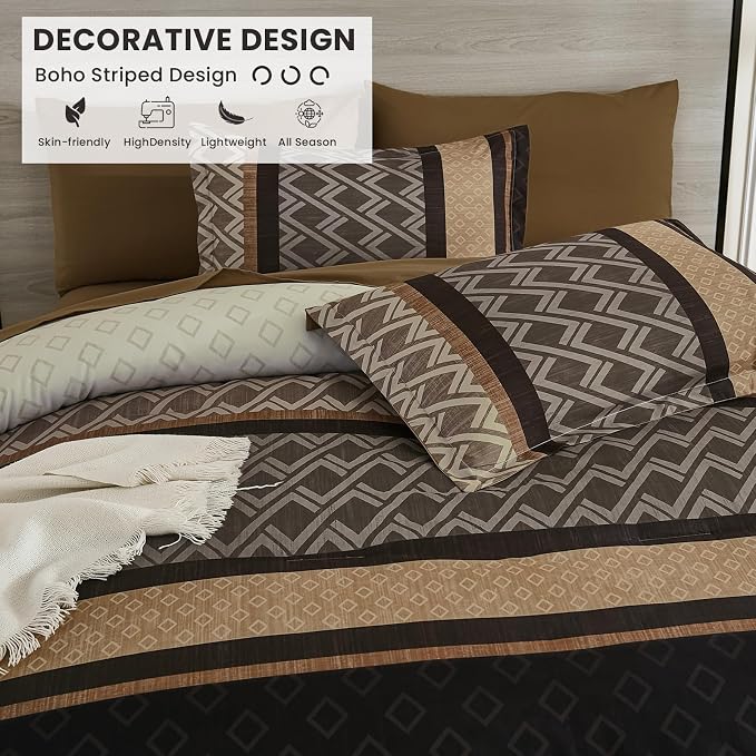 Cottolester Brown Comforter Set Queen Size,Fall Striped Bed in a Bag | Boho Plaid Comforter Set,7 Piece Soft Microfiber Bedding Sets