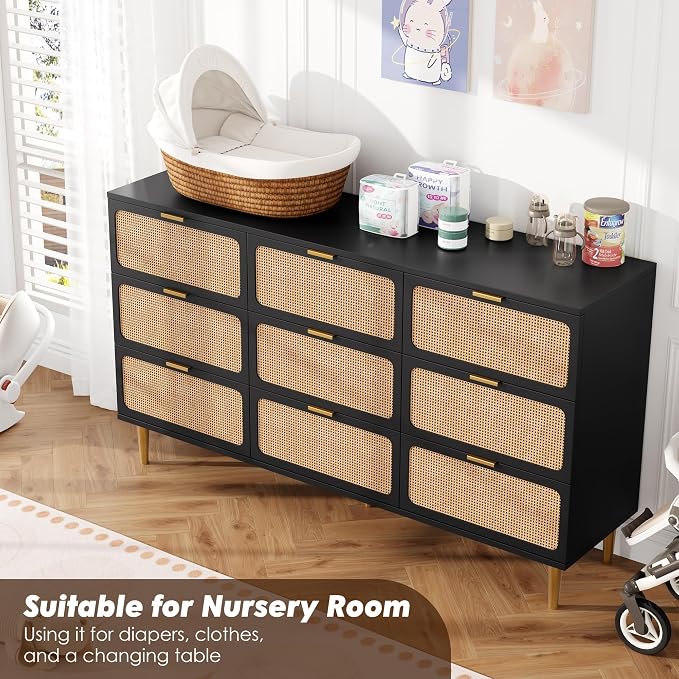 GarveeHome Rattan 9 Drawer Dressers for Bedroom, Deep Drawer, Black | Tall Dresser, Wide Top, for Living Room, Hallway, Kids Room, Large Chest of Drawers for Closet, Long Wooden Dresser