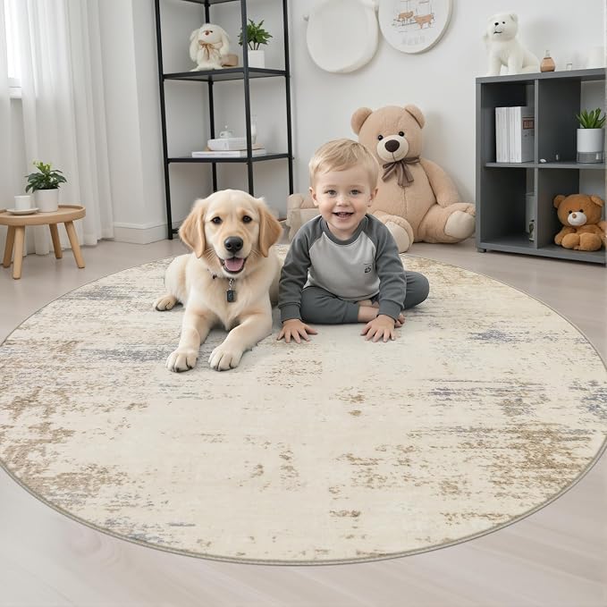 Round Area Rug Living Room: 5 ft Modern Washable Indoor Carpet | For Bedroom Dining Room Farmhouse Nursery Hallway Office,Modern Abstract,Machine washable,Non-Slip,Stain Resistant,Indoor