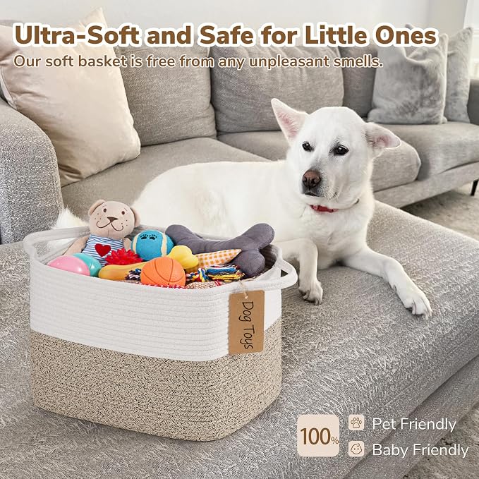 Goodpick Woven Storage Basket, Cotton Rope Basket for Dog Toys, Books, Stylish Gift Basket with Handles, 13 x 10 x 9 Inches Square Baskets for Organizing, Brown and White (Pack of 3)