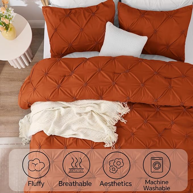 BEDELITE Queen Comforter Set Burnt Orange,Lightweight & Soft Comforter | Pintuck Boho Bedding, Warm & Cute Bed Set for All Season,With 2 Pillowcases