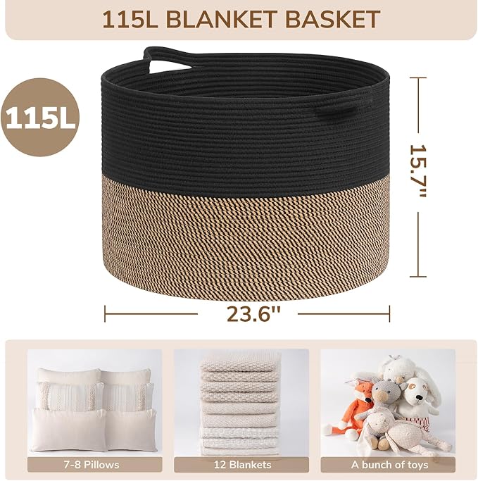 INDRESSME 115L Extra Large Woven Rope Blanket Basket Living Room, Mix Black | 23.6" x 15.7" Storage baskets for toys laundry & pillows. Fits living room, bedroom or nursery décor. Soft-touch with handles
