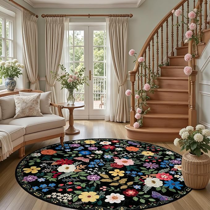 PLHXFR Round Area Rug Living Room: 6 ft Floral Washable Soft Carpet Black | For Bedroom Dining Room Farmhouse Nursery Hallway,Vintage Floral,Machine washable,Non Slip,Stain Resistant,Large Indoor