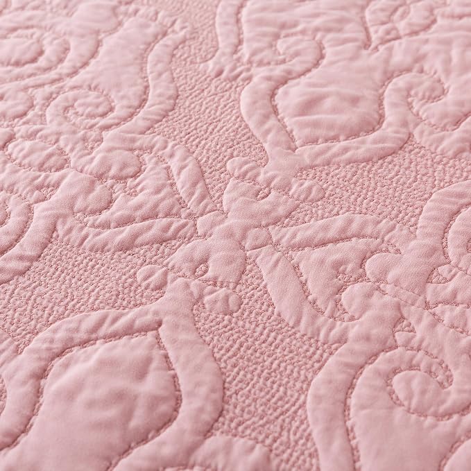 Quilt Bedspread Set, Pink Jacquard Embossed Floral Pattern Reversible Embroidered Microfiber Coverlet Sets, Queen Size