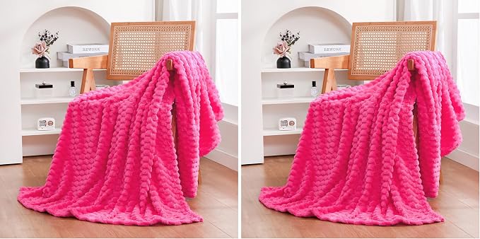 Puncuntex Hot Pink Throw Blanket 50"×60" Gifts for Mom Fuzzy 3D Jacquard (Pack of 2)