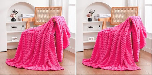 Puncuntex Hot Pink Throw Blanket 50"×60" Gifts for Mom Fuzzy 3D Jacquard (Pack of 2)
