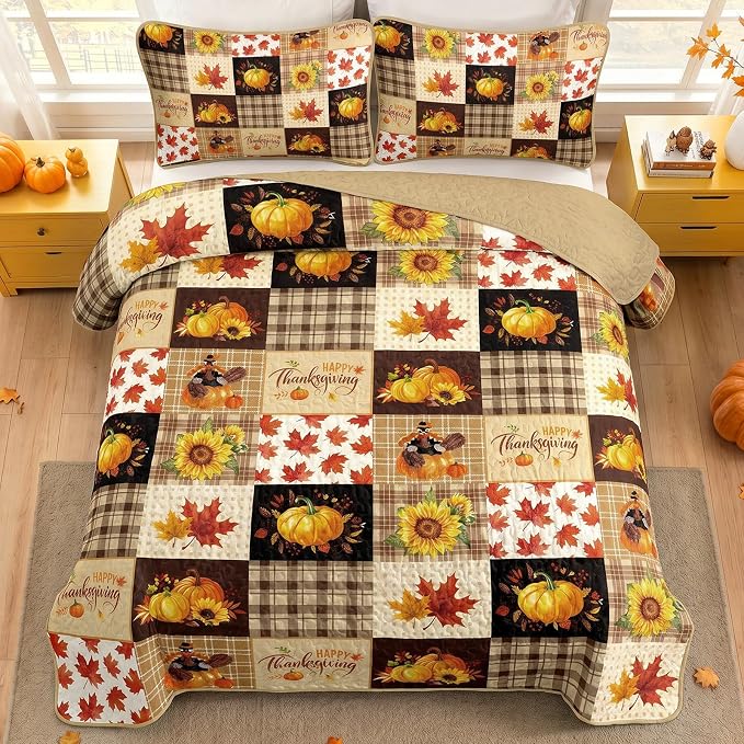 Fall Patchwork Quilt Set Queen, 3 Pieces Thanksgiving Bedding Set Brown | Sunflower Maple Leaves Pumpkin Pattern Bedspread, Soft Lightweight Microfiber Autumn Coverlet with 2 Pillow Shams (96"x90")
