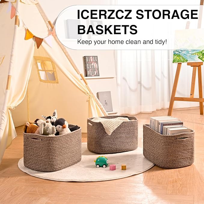 ICERZCZ Storage Baskets for Organizing Shelves, Woven Cotton Rope Bins for Baby Nursery Organization, Book Toy Towel Organizer, 15"x11"x9.5", 3 Packs, Dark Brown