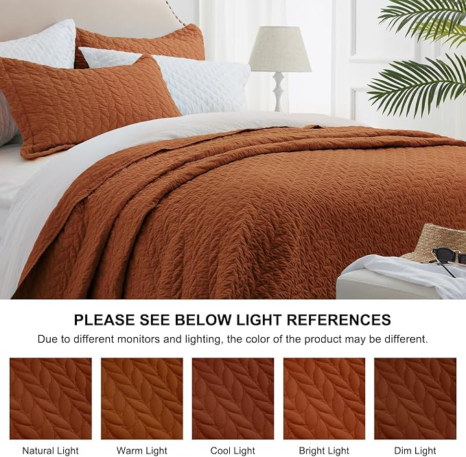 SunStyle Home Queen Quilt Bedding Set, Lightweight Bedspreads,Brunt Orange | Soft Coverlet With 2 Pillow Shams,Morden Style Quilts for All Season, Suitable for Bed,Couch,Bedroom,Guest Room,90"X96"