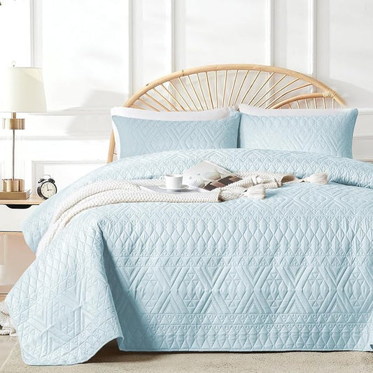 akkialla Full/Queen Size Quilt Bedding Set,Sky Blue Lightweight Microfiber Soft Bedspread,Modern Style Geoetric Pattern Coverlet Set for All Seasons,3 Piece(1 Quilt,2 Pillow Shams)