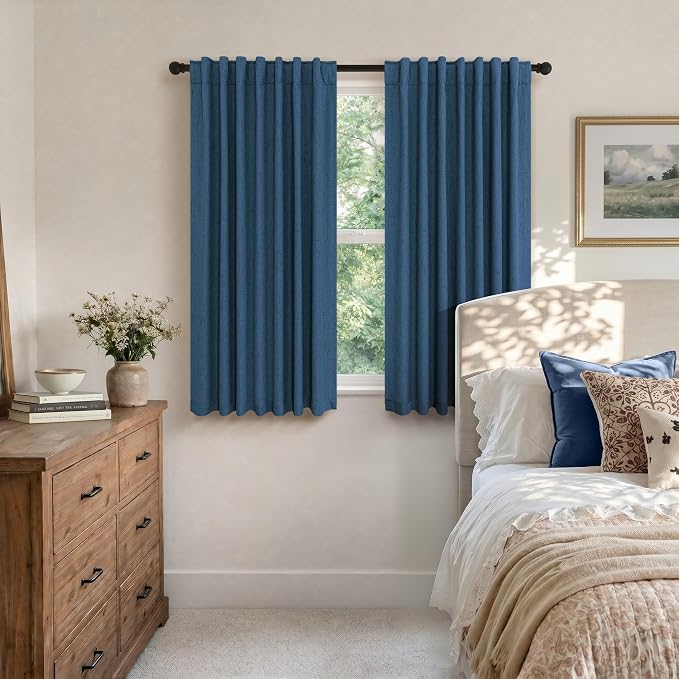 Navy Blue Small Blackout Curtains for Bathroom 45 Inches Long 2 Panel Sets Linen Look Back Tab Pocket Black Out Short Length Heat Reflective RV Curtains for Kids Boys Bedroom Door Camper Patriotic