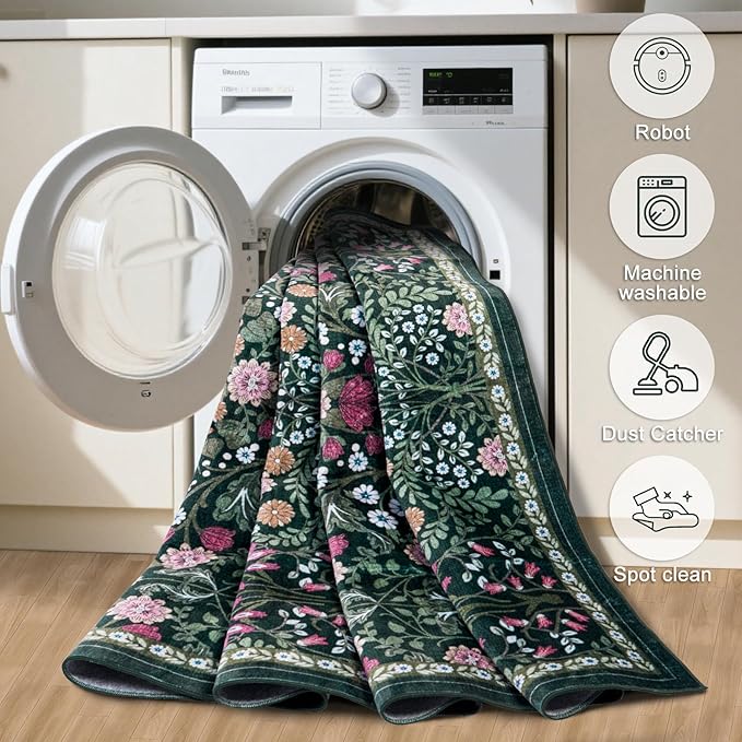 PLHXFR Area Rug Living Room: 3x5 Floral Washable Boho Carpet Dark Green | For Bedroom Dining Room Farmhouse Nursery Hallway,Vintage Floral,Machine washable,Non Slip,Stain Resistant,Large Indoor