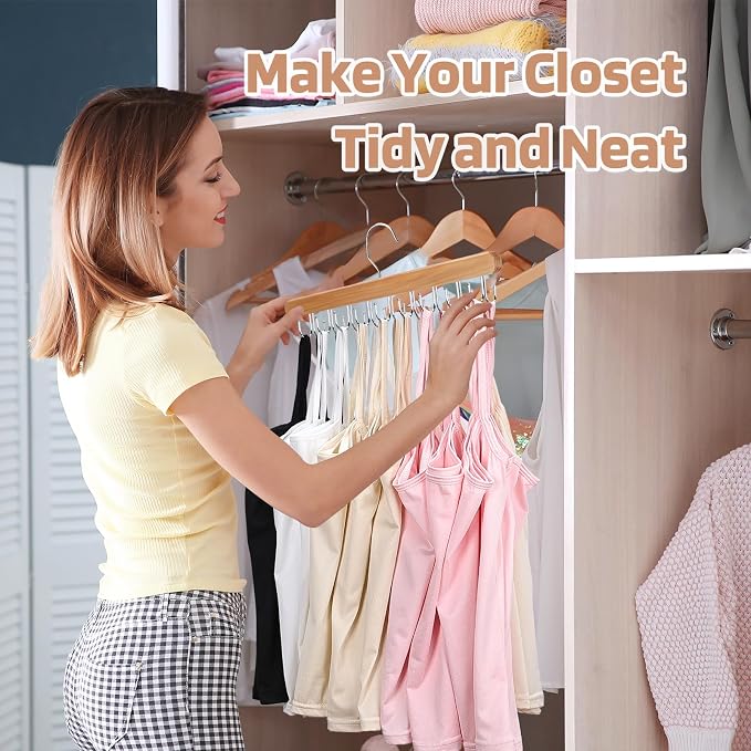 NECAMOCU 2 Pack Bra Hanger for Closet Organizer, Premium Tank Top Hangers | Wooden Bra Holder with 36 Foldable Hooks, 360° Rotating Design, Space Saving Storage for Tank Tops, Bras, Belts, and More