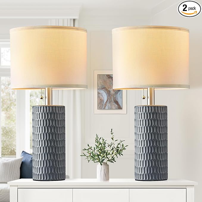 Reaketon 20” Modern Ceramic Table Lamps for Bedroom, Set of 2, Grey | Bedside lamps for nightstands, Small Table Lamps for Living room, Home Office, End Table and Hallways